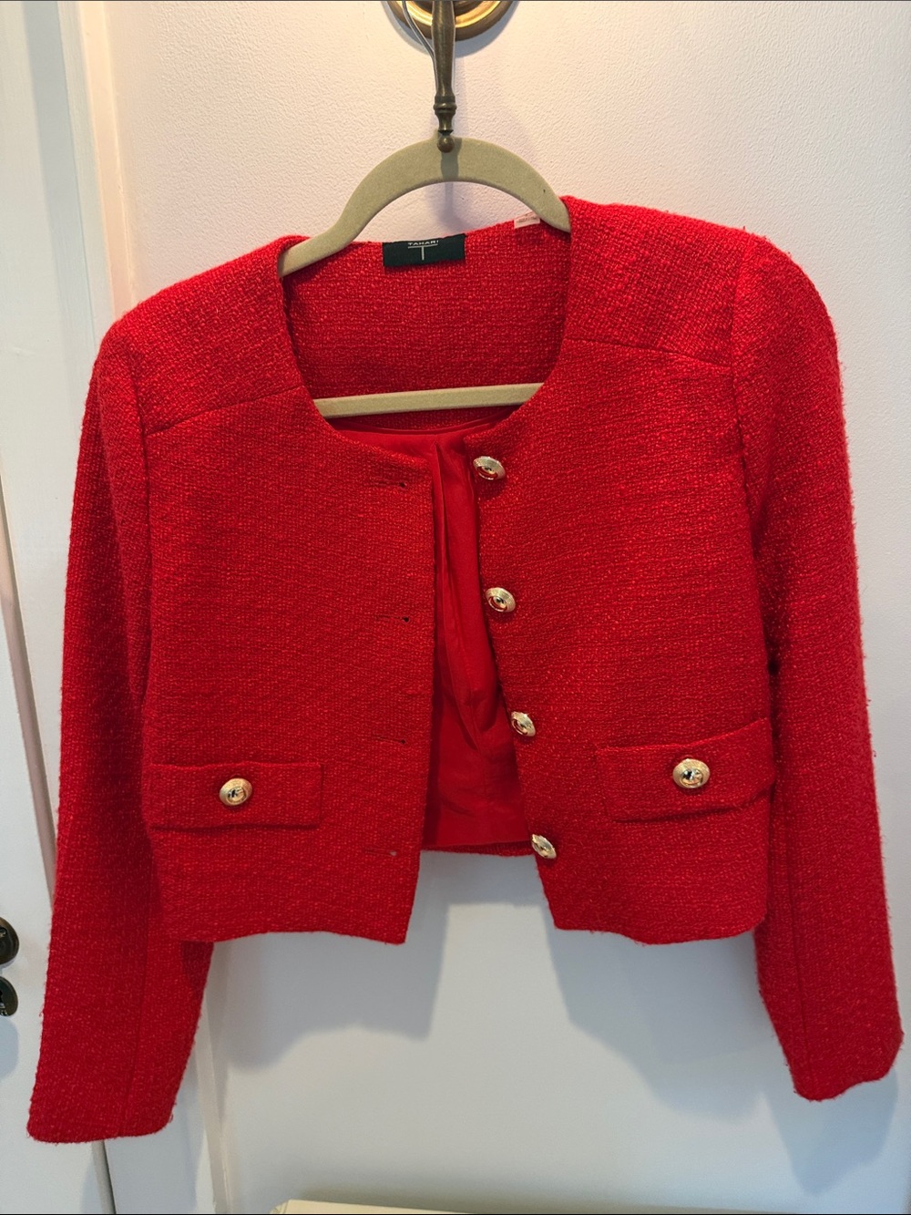 Womens Red Cropped Tweed Jacket with Gold Buttons